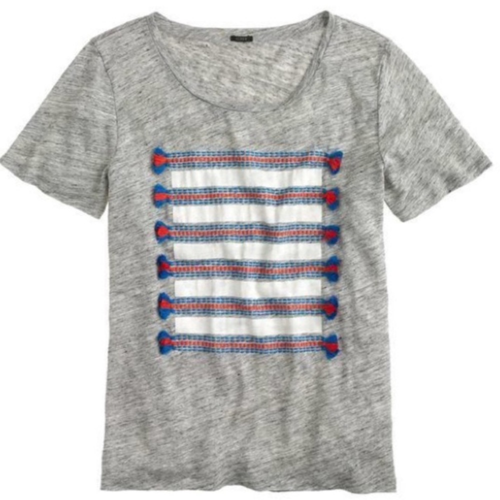 J. Crew Tee, blue/orange/white with tassels